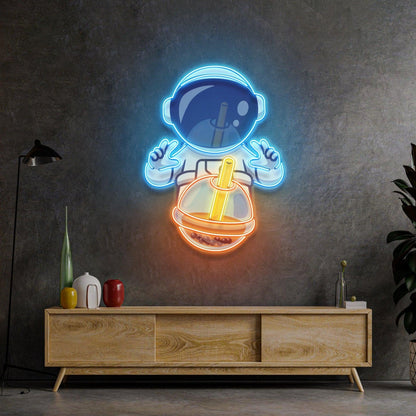 Astronaut Drinking Milktea Blue-Orange Uv Printed Led Neon Sign Cartoon Indoor Decor | Shineneon
