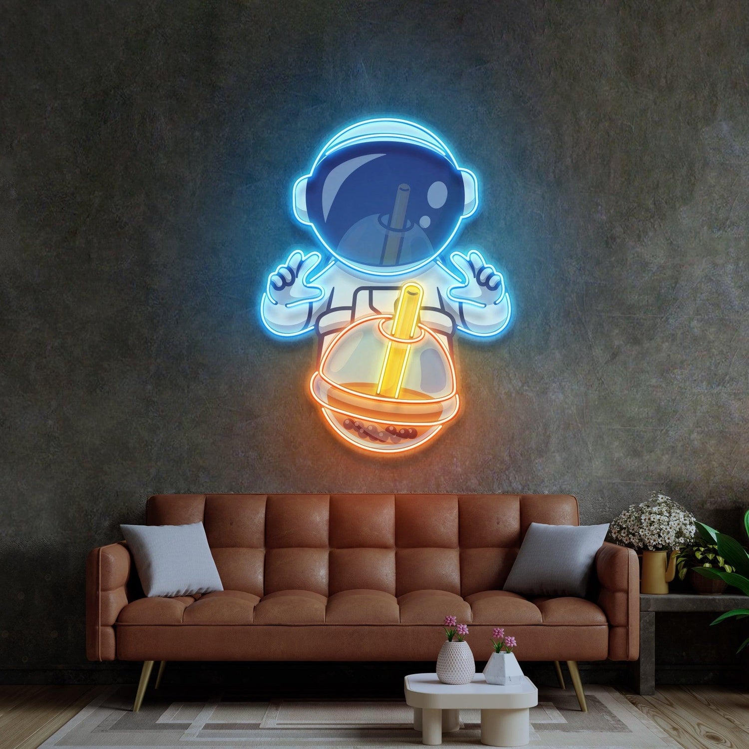Astronaut Drinking Milktea Blue-Orange Uv Printed Led Neon Sign Cartoon Indoor Decor | Shineneon