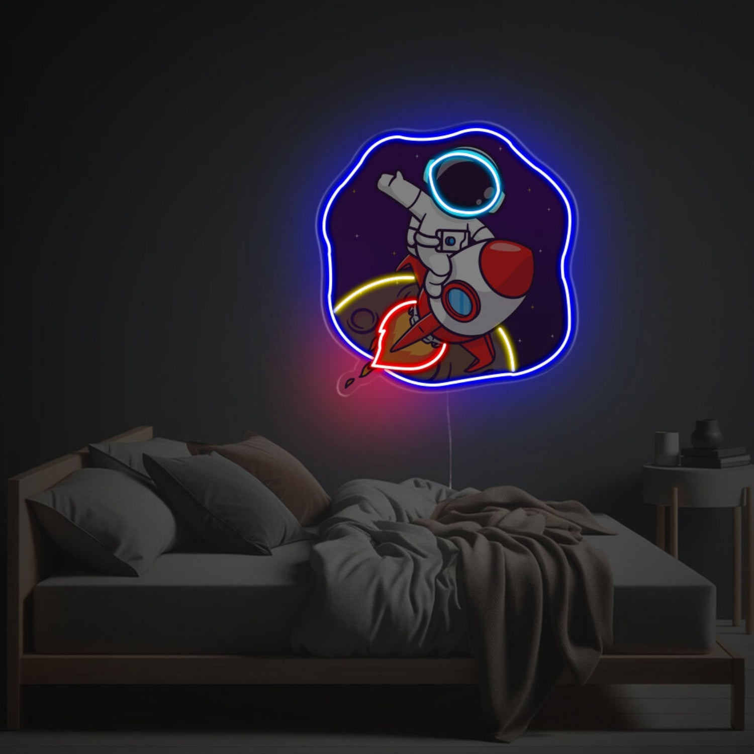 Astronaut Escaping The Moon With Rocket Led Neon Acrylic Artwork | Shineneon