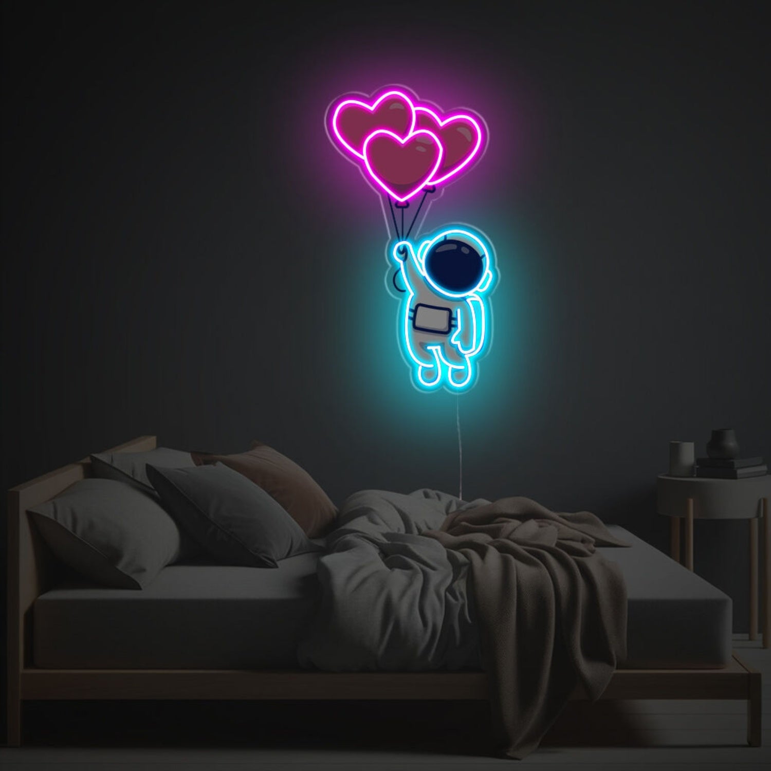 Astronaut Flying By Heart Balloons Led Neon Acrylic Artwork | Shineneon