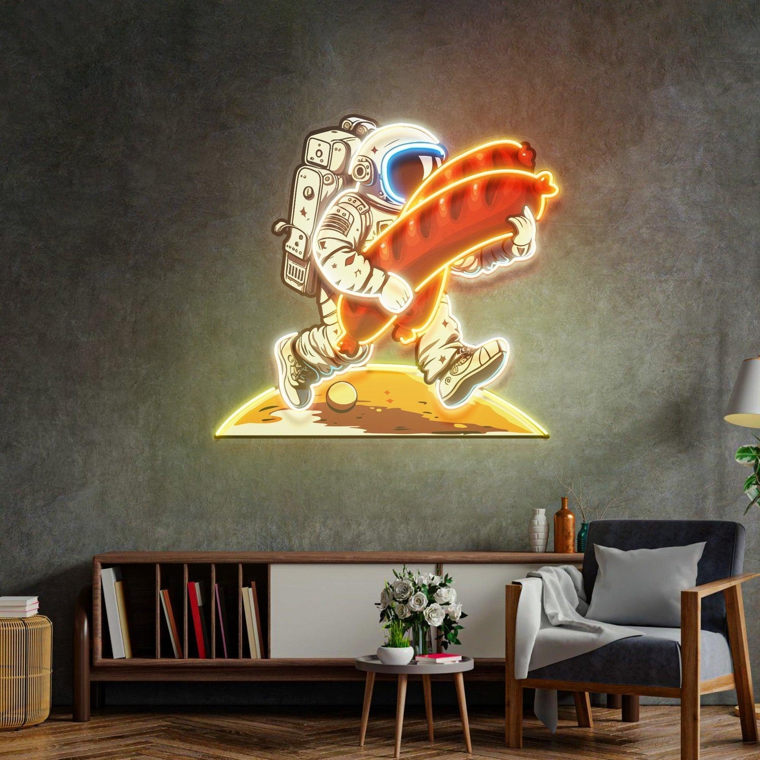 Astronaut Holding Sausage Uv Printed Led Neon Sign Artwork For Indoor Wall Art | Shineneon