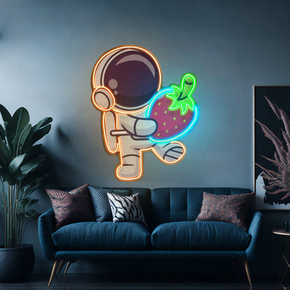 Astronaut Holding Strawberry Custom Led Signs Artwork For Sale - Shineneon