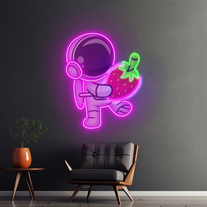 Astronaut Holding Strawberry Custom Led Signs Artwork For Sale - Shineneon