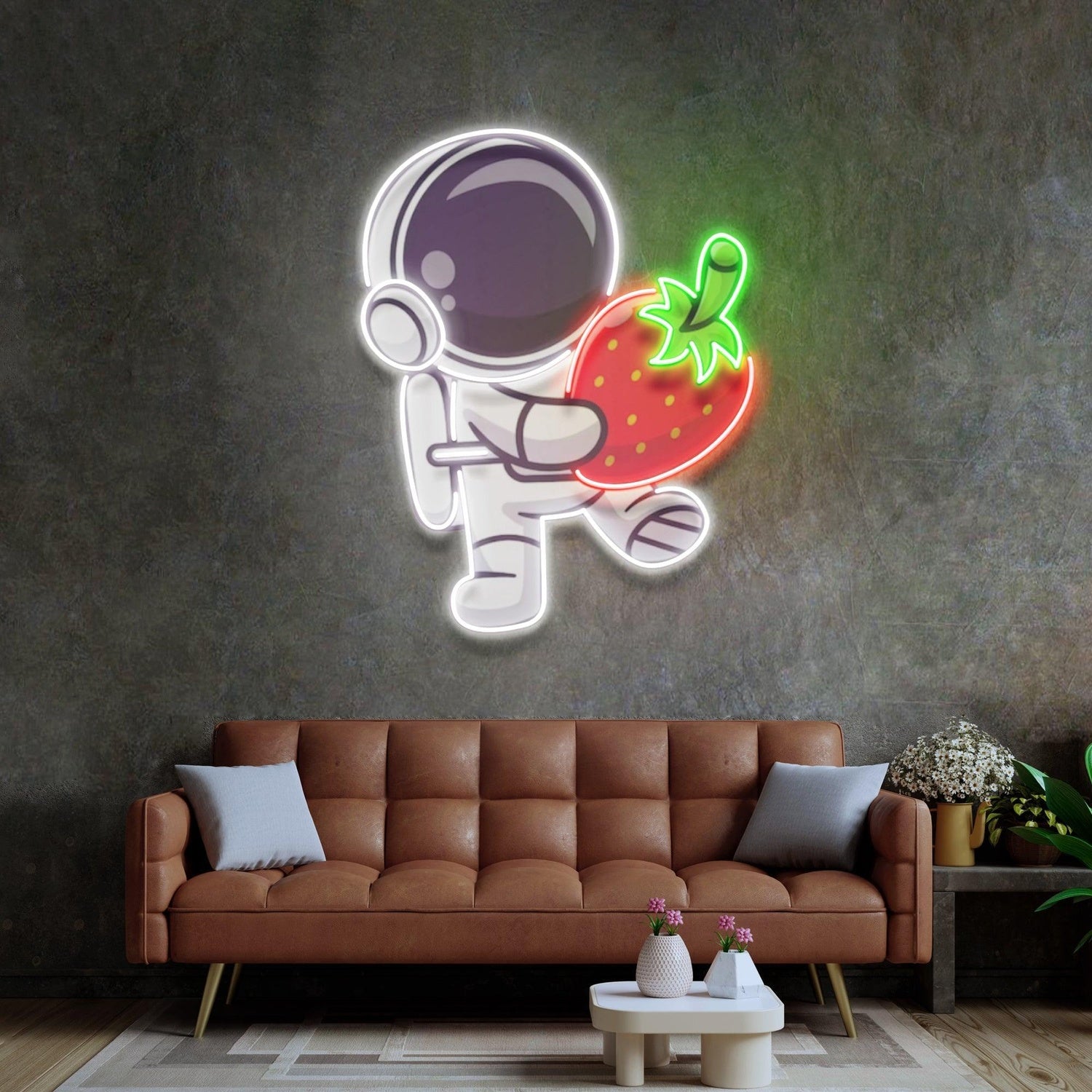 Astronaut Holding Strawberry With Planets Uv Printed Led Neon Sign For Home Decor | Shineneon