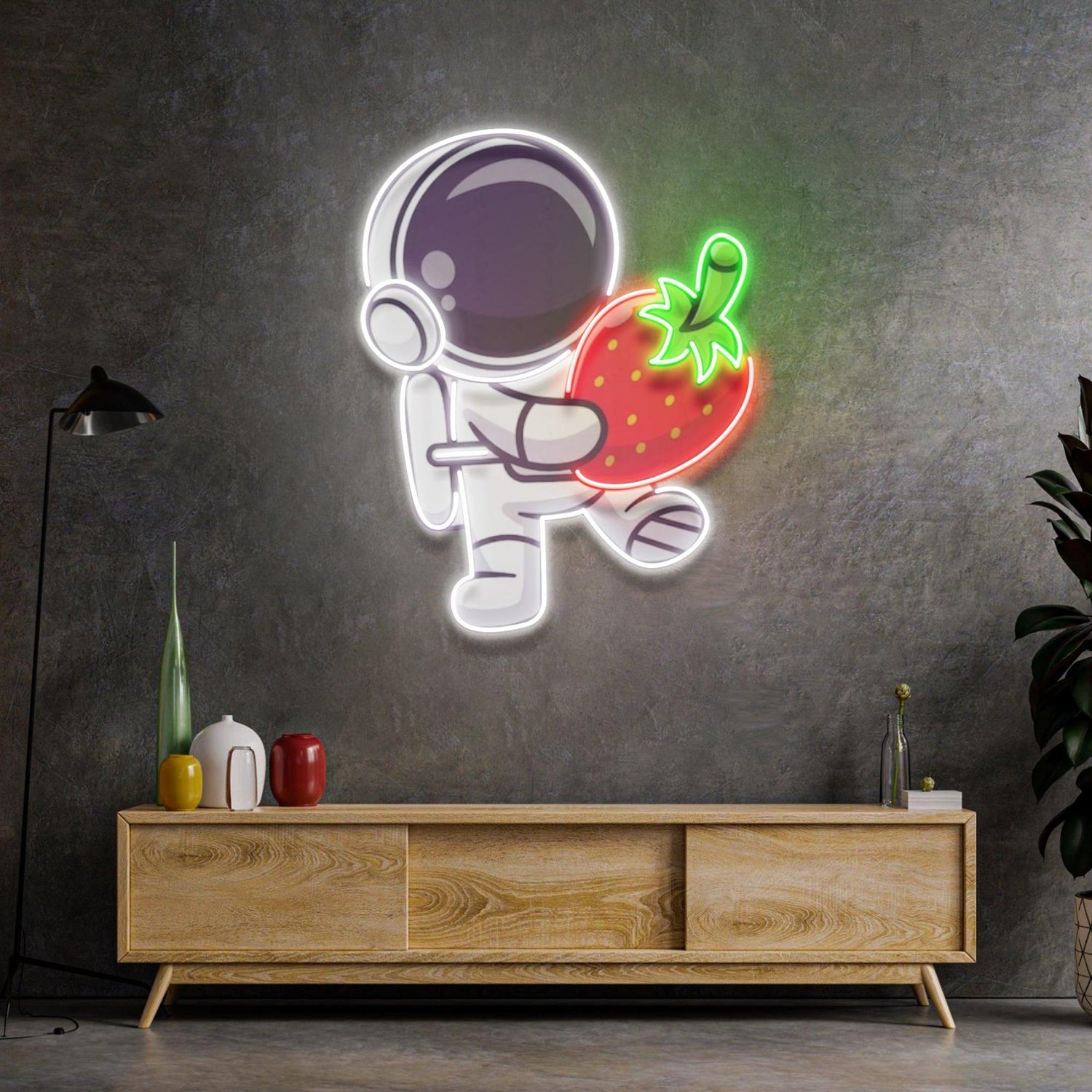 Astronaut Holding Strawberry With Planets Uv Printed Led Neon Sign For Home Decor | Shineneon