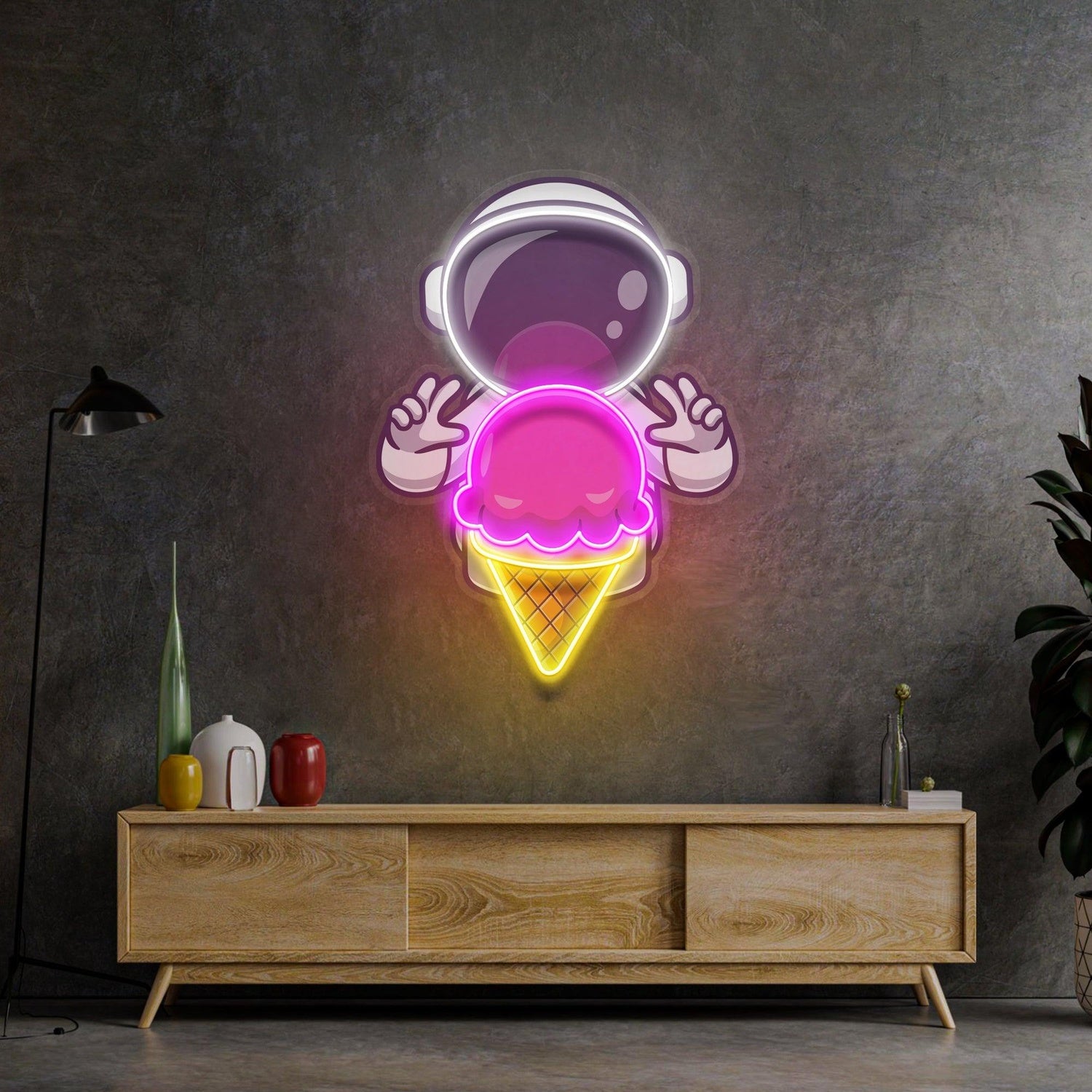 Astronaut Ice Cream Cartoon Pink Yellow White Uv Printed Led Neon Sign For Kids Room Decor | Shineneon