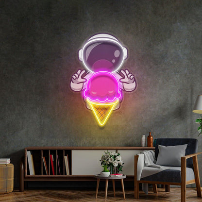 Astronaut Ice Cream Cartoon Pink Yellow White Uv Printed Led Neon Sign For Kids Room Decor | Shineneon