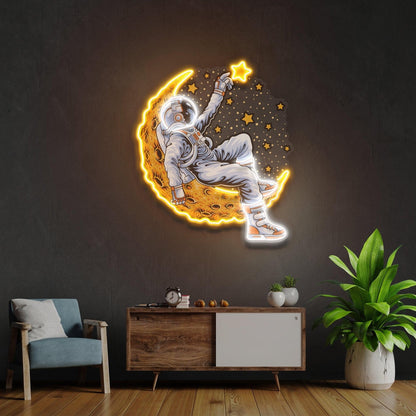 Astronaut On Moon With Stars Uv Printed Led Neon Sign Artwork For Bedroom Wall Decor | Shineneon