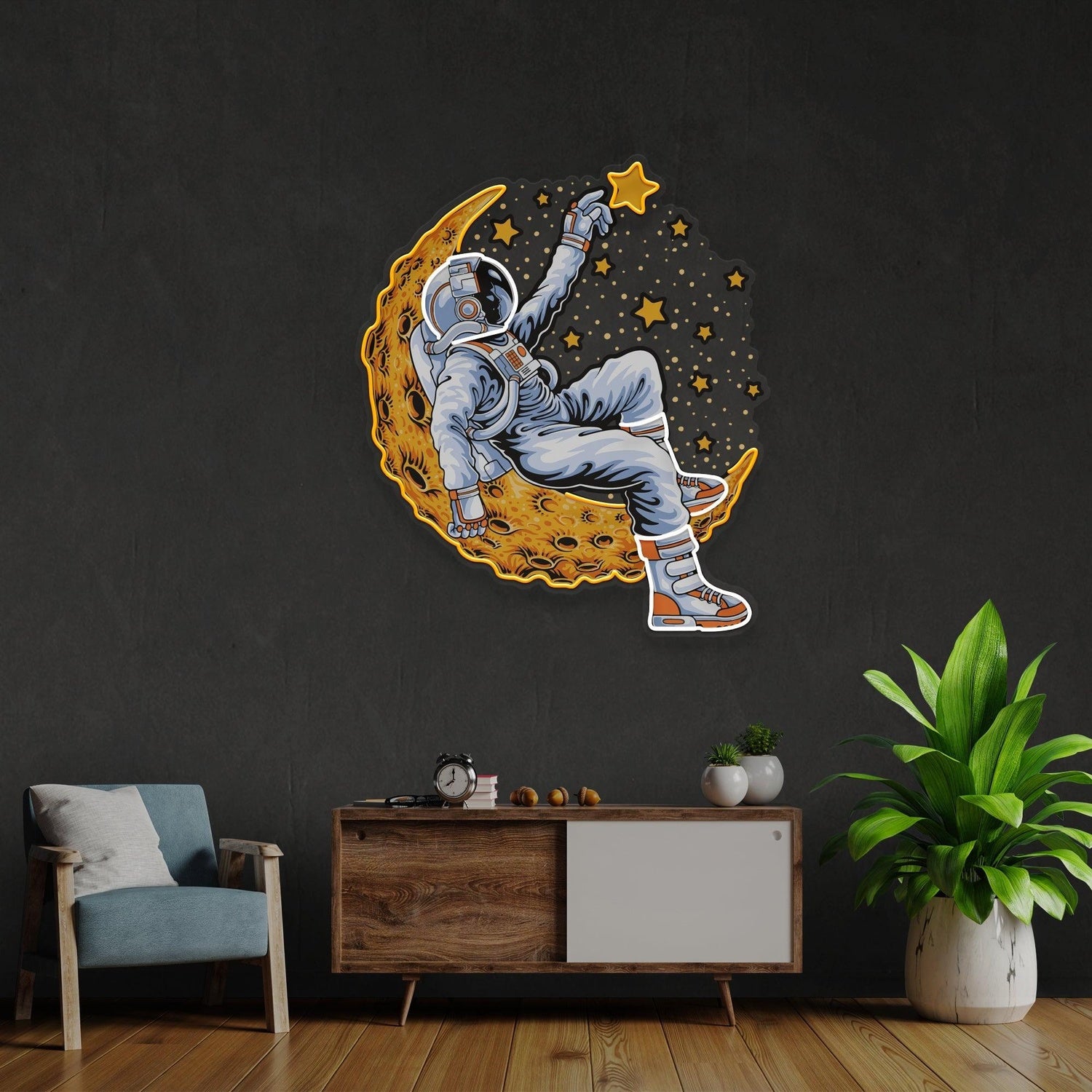 Astronaut On Moon With Stars Uv Printed Led Neon Sign Artwork For Bedroom Wall Decor | Shineneon