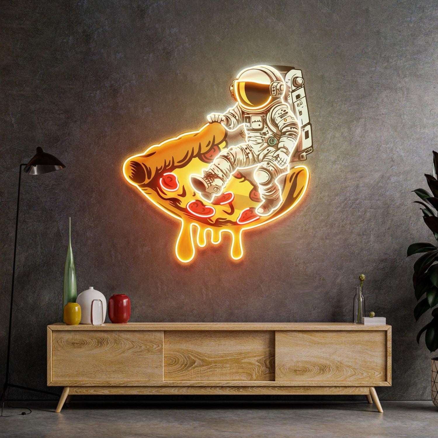 Astronaut On Pizza Yellow-Purple Uv Printed Led Neon Sign For Space Decor | Shineneon