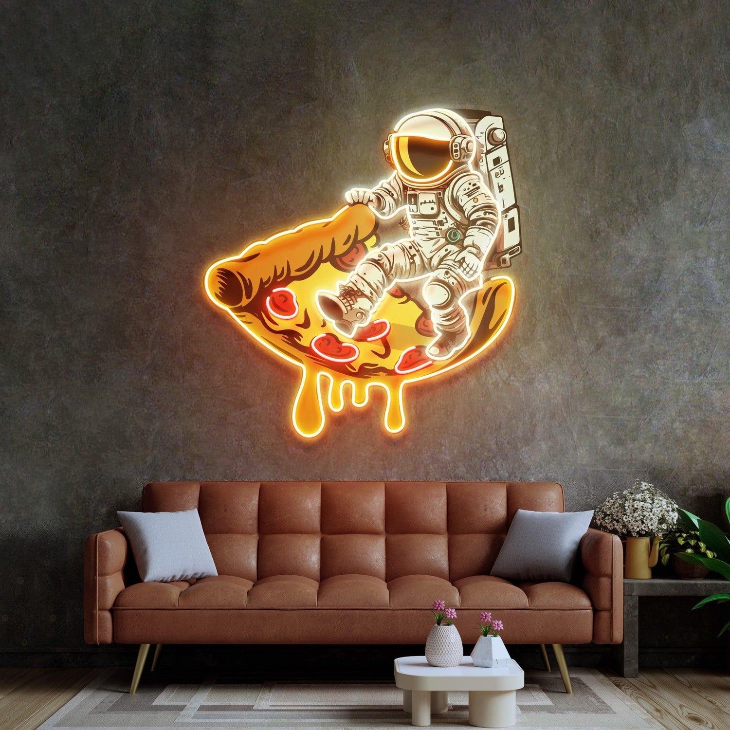Astronaut On Pizza Yellow-Purple Uv Printed Led Neon Sign For Space Decor | Shineneon