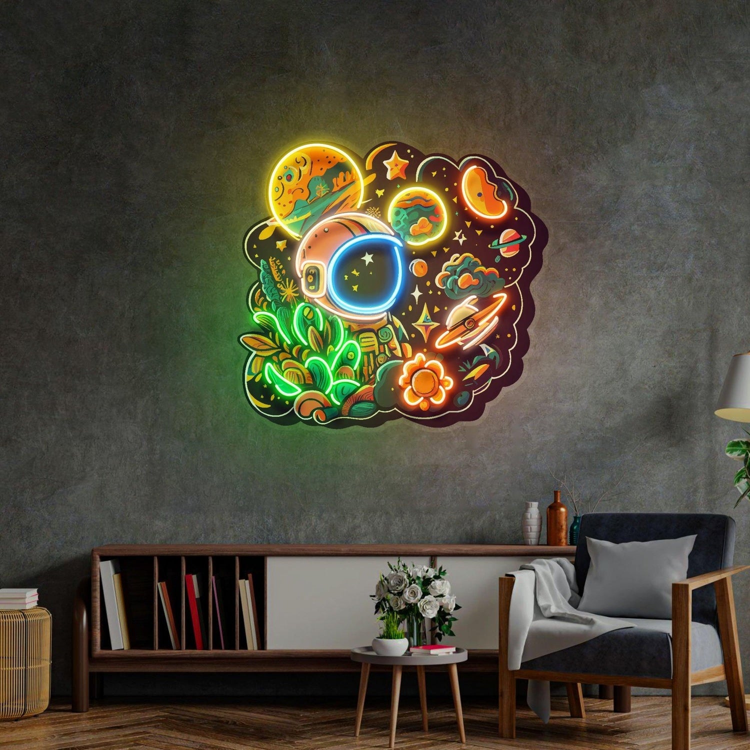 Astronaut Plant Universe Uv Printed Led Neon Sign Artwork For Home Decor | Shineneon