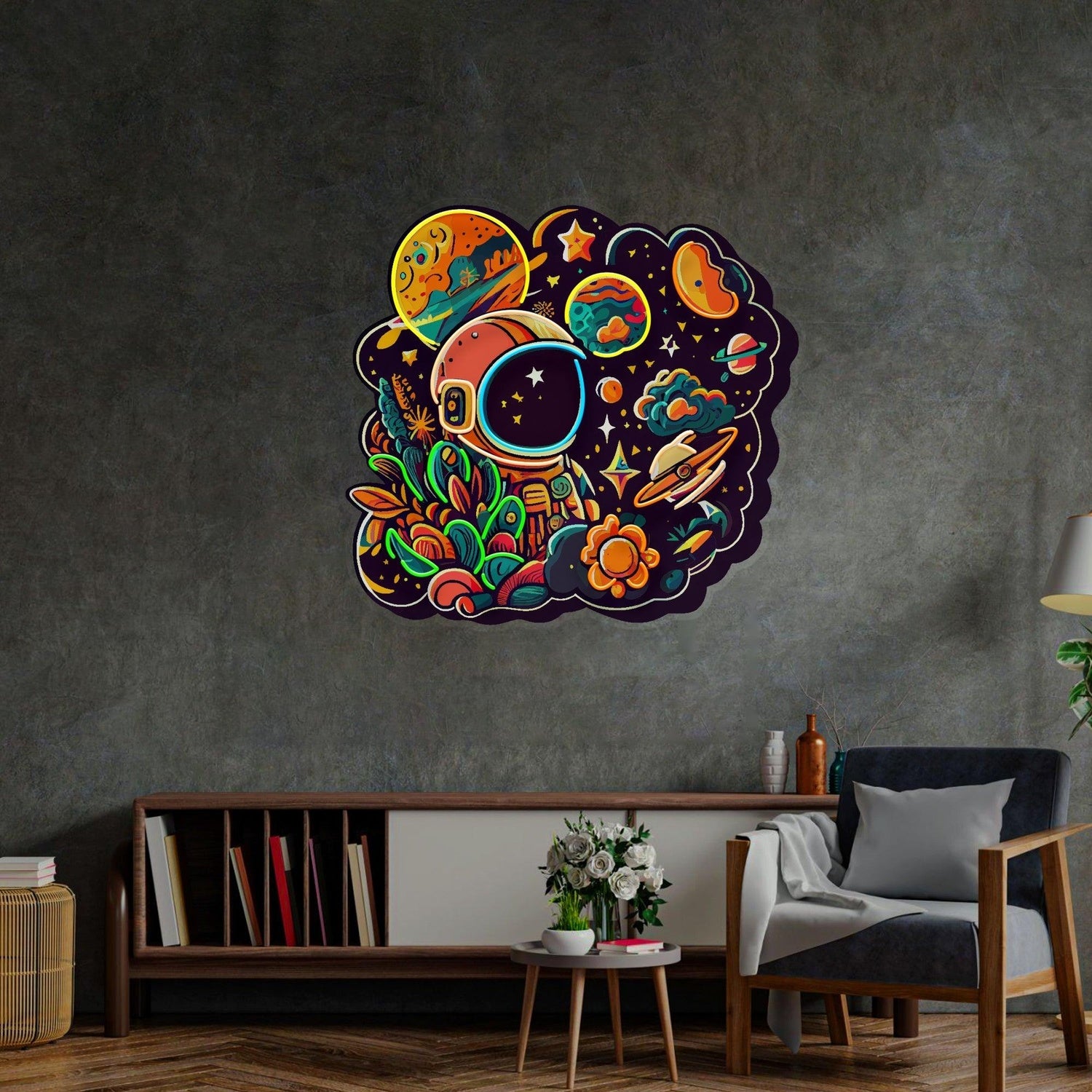 Astronaut Plant Universe Uv Printed Led Neon Sign Artwork For Home Decor | Shineneon