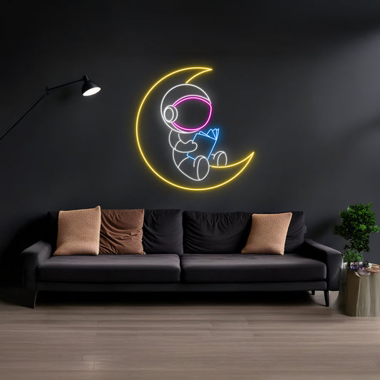 Astronaut Reading Book Neon Sign Astronaut Sit On The Moon Neon Light