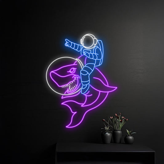 Astronaut Riding Shark Neon Sign