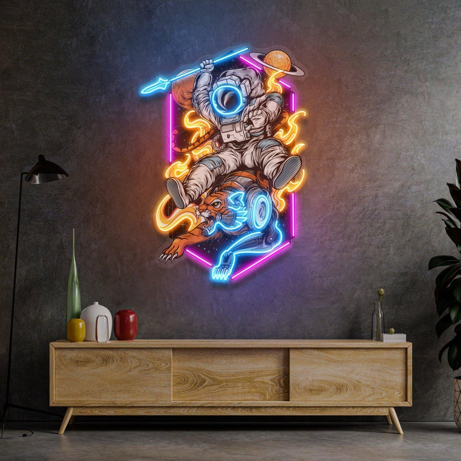 Astronaut Riding Tiger Uv Printed Led Neon Sign Artwork Art For Home Bar Decor | Shineneon