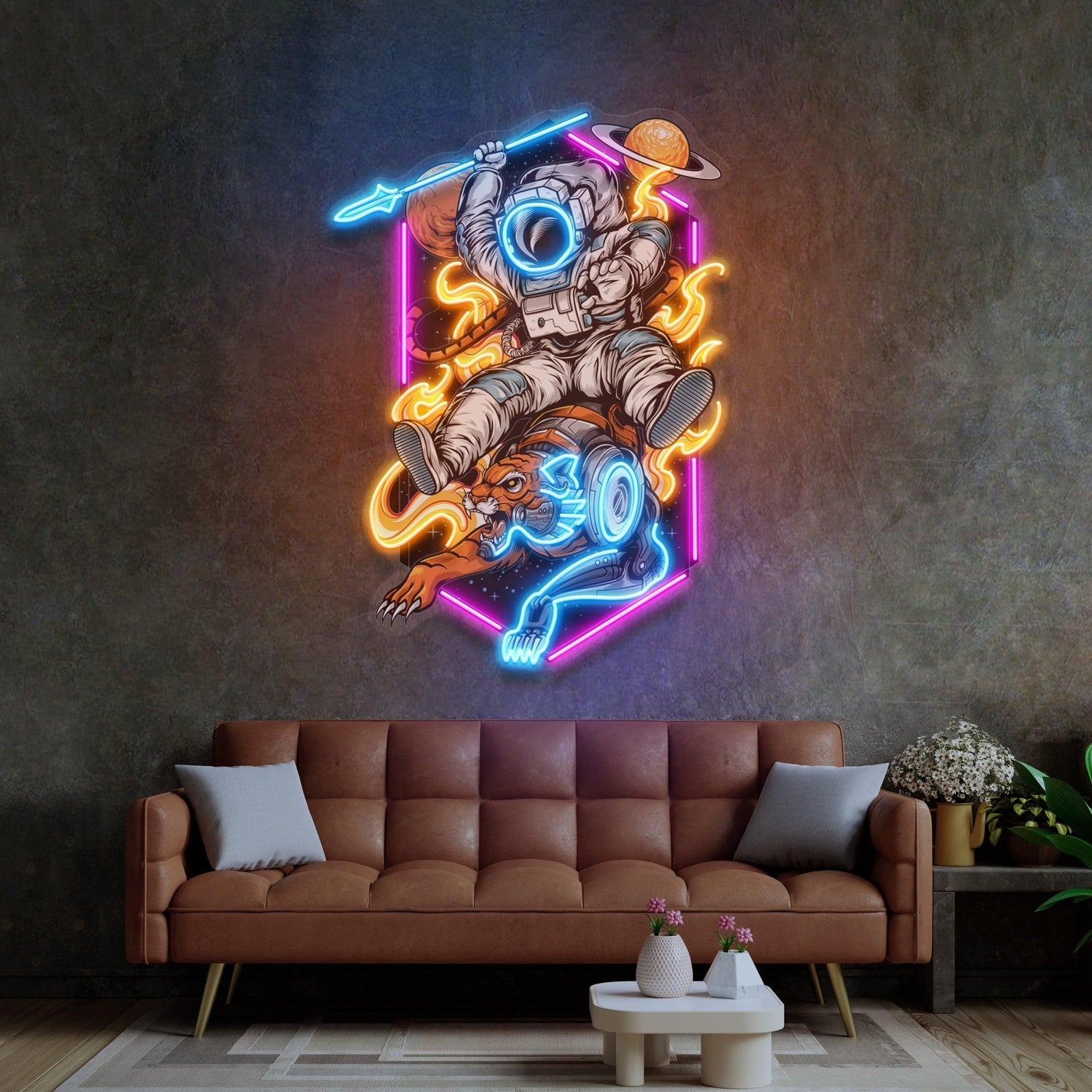 Astronaut Riding Tiger Uv Printed Led Neon Sign Artwork Art For Home Bar Decor | Shineneon