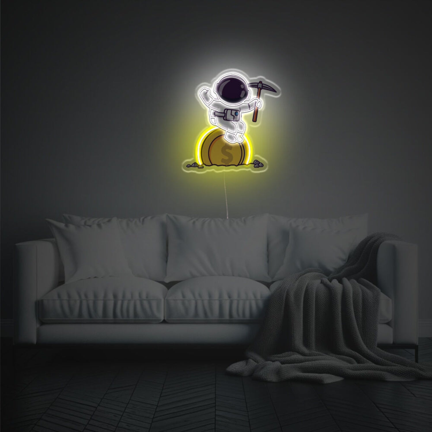 Astronaut Sitting On Gold Led Neon Acrylic Artwork | Shineneon