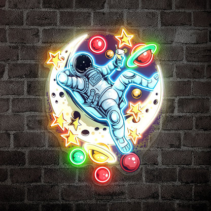 Astronauts Lie Relaxed on a Crescent Moon Acrylic Led Sign | Shineneon