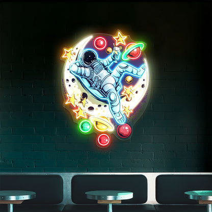 Astronauts Lie Relaxed on a Crescent Moon Acrylic Led Sign | Shineneon