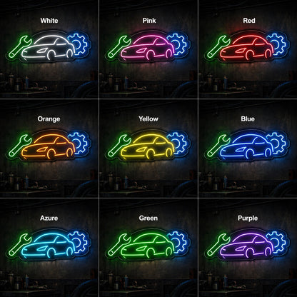 Auto Repair Car Wrench LED Neon Sign day and night comparison