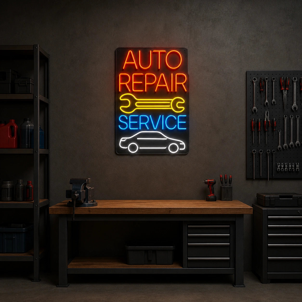 Auto Repair Service Wrench Car Vintage LED Neon Sign size image