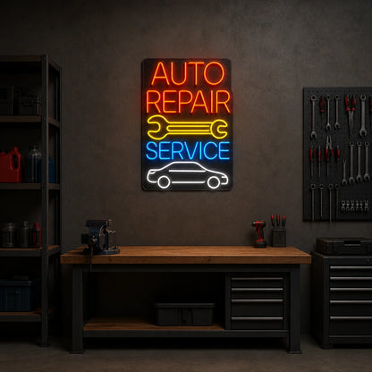 Auto Repair Service Wrench Car Vintage LED Neon Sign size image