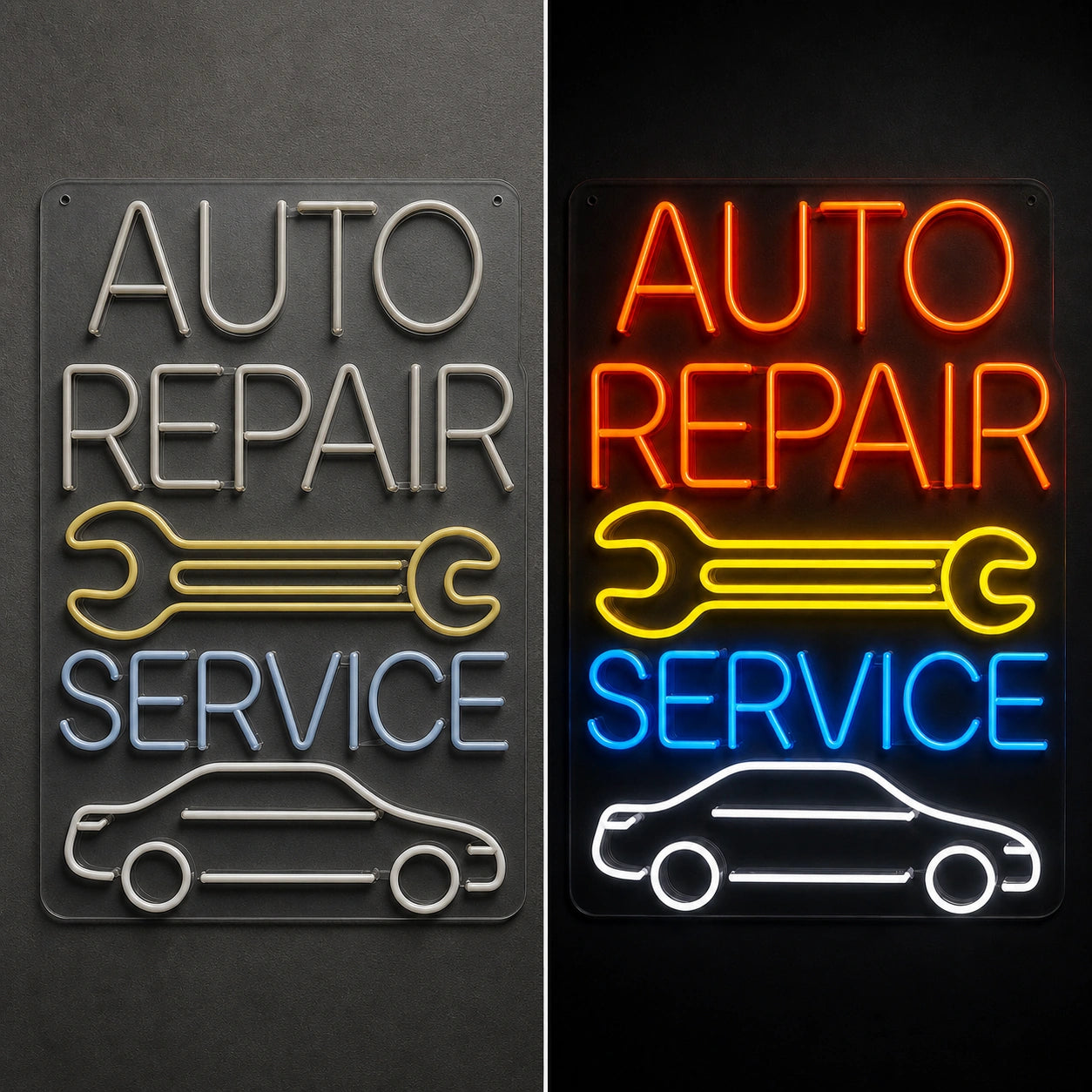 Auto Repair Service Wrench Car Vintage LED Neon Sign day and night comparison