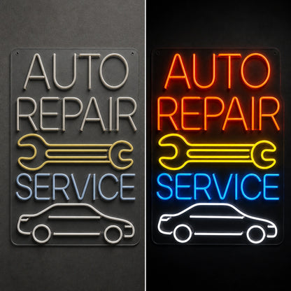 Auto Repair Service Wrench Car Vintage LED Neon Sign day and night comparison