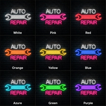 Auto Repair Wrench LED Neon Sign day and night comparison