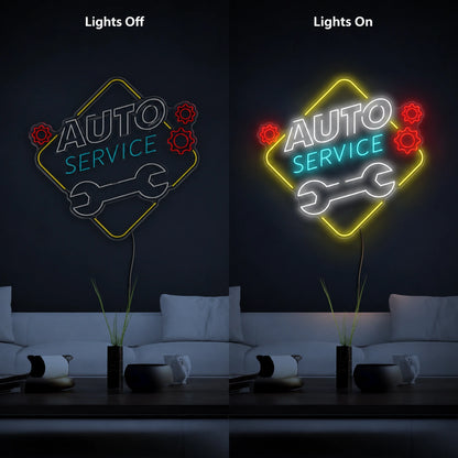 Auto Service Neon Sign LED Neon Sign day and night comparison