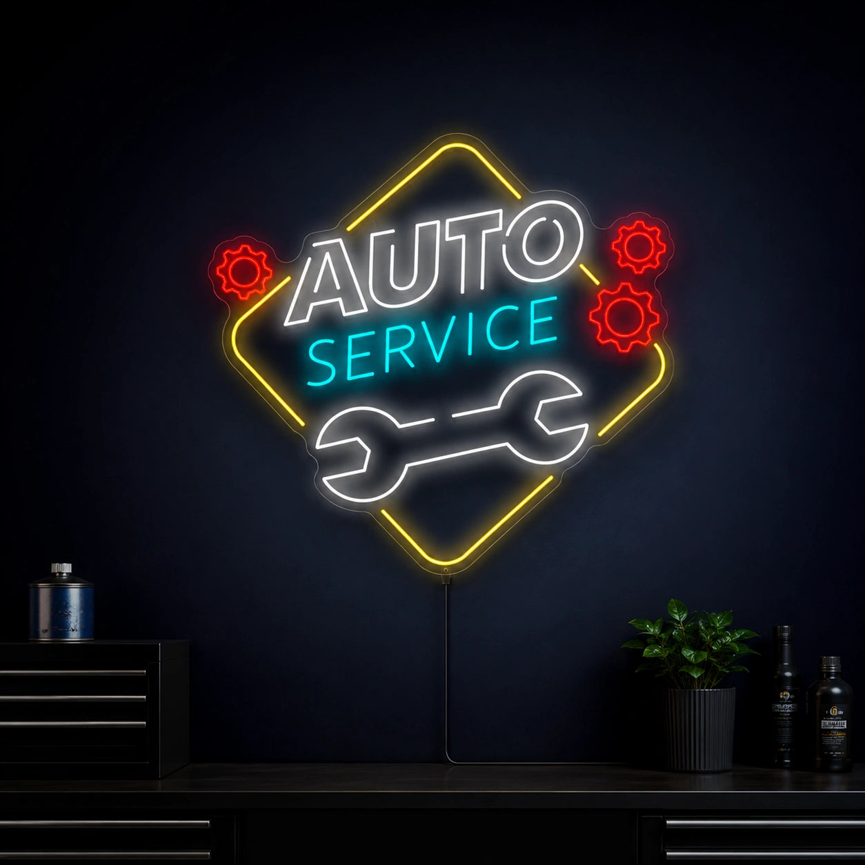 Auto Service Wrench With Gears LED Neon Sign high-converting product image