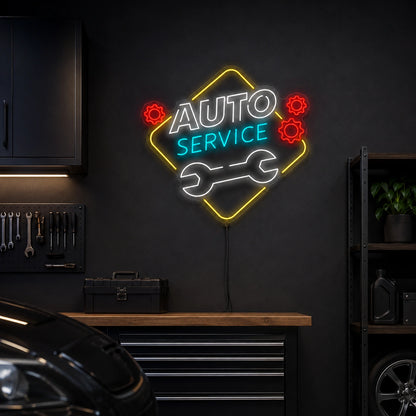 Auto Service Wrench With Gears LED Neon Sign color grid