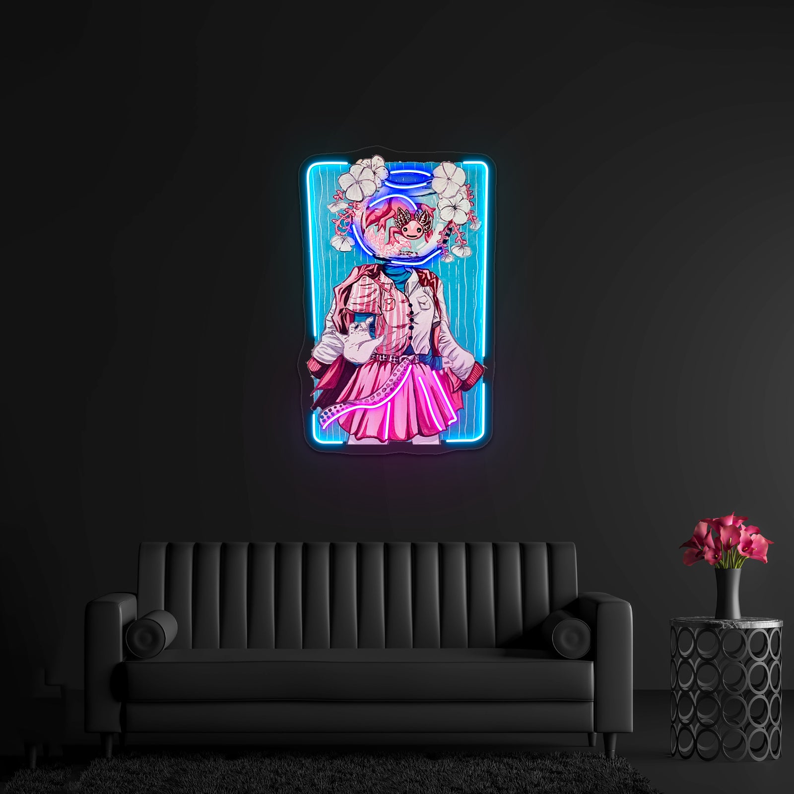 Axolotl Bowl Head Gouache Painting Illustration Artwork Led Neon Sign - Size and dimension reference
