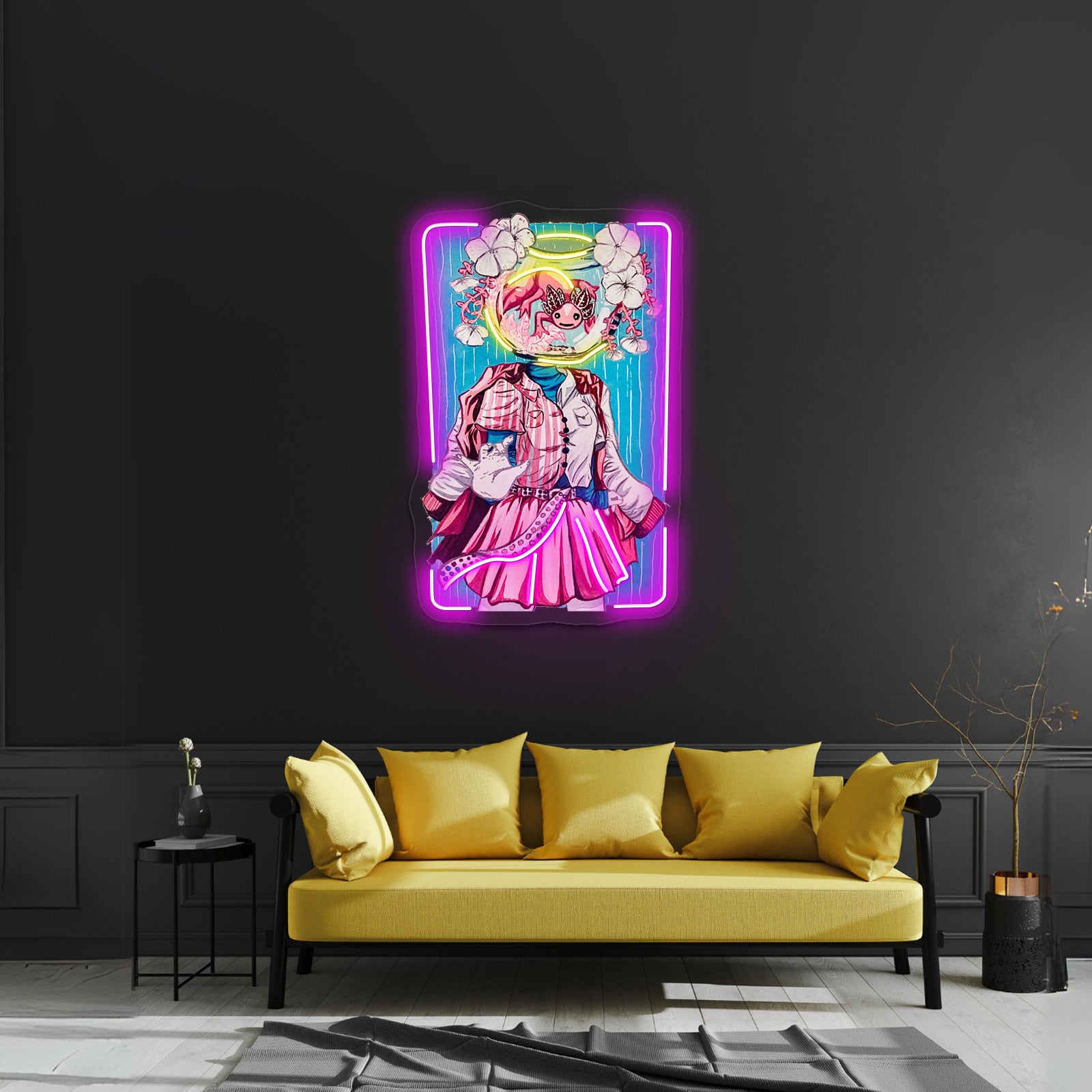Axolotl Bowl Head Gouache Painting Illustration Artwork Led Neon Sign - LED neon sign close-up detail