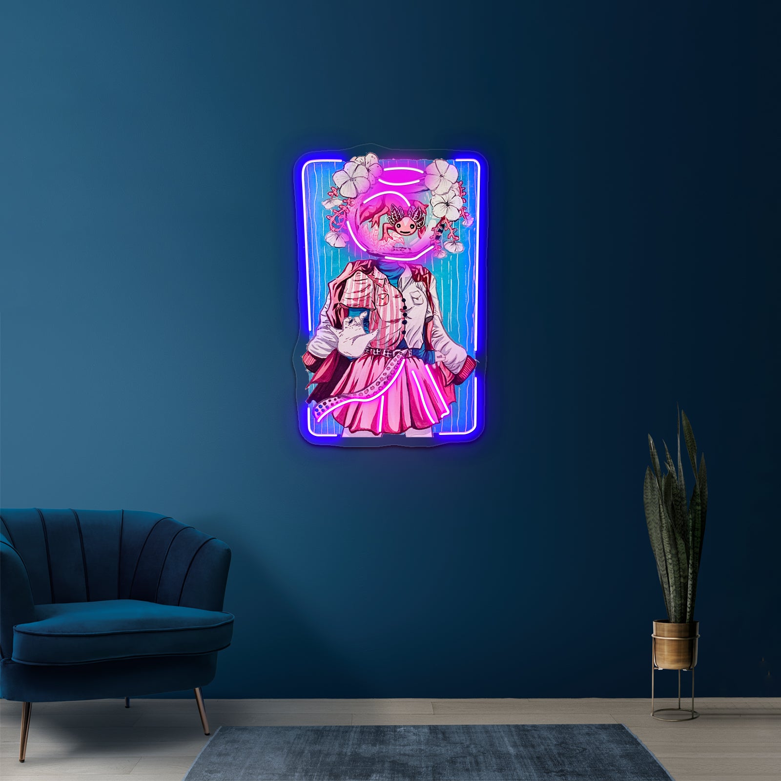 Axolotl Bowl Head Gouache Painting Illustration Artwork Led Neon Sign - Neon sign mounted on wall in room