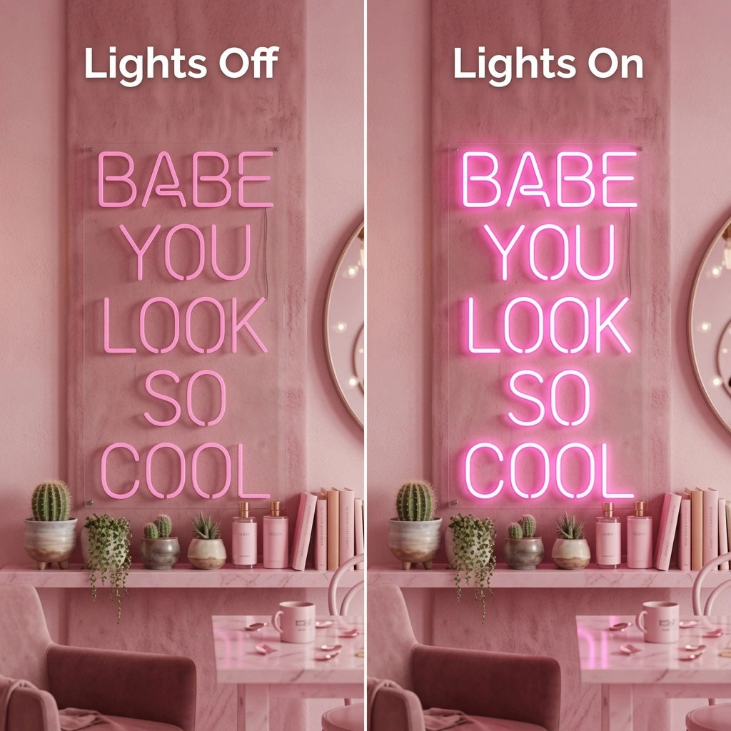 Babe You Look So Cool Business LED Neon Sign - 06 Day Night Comparison