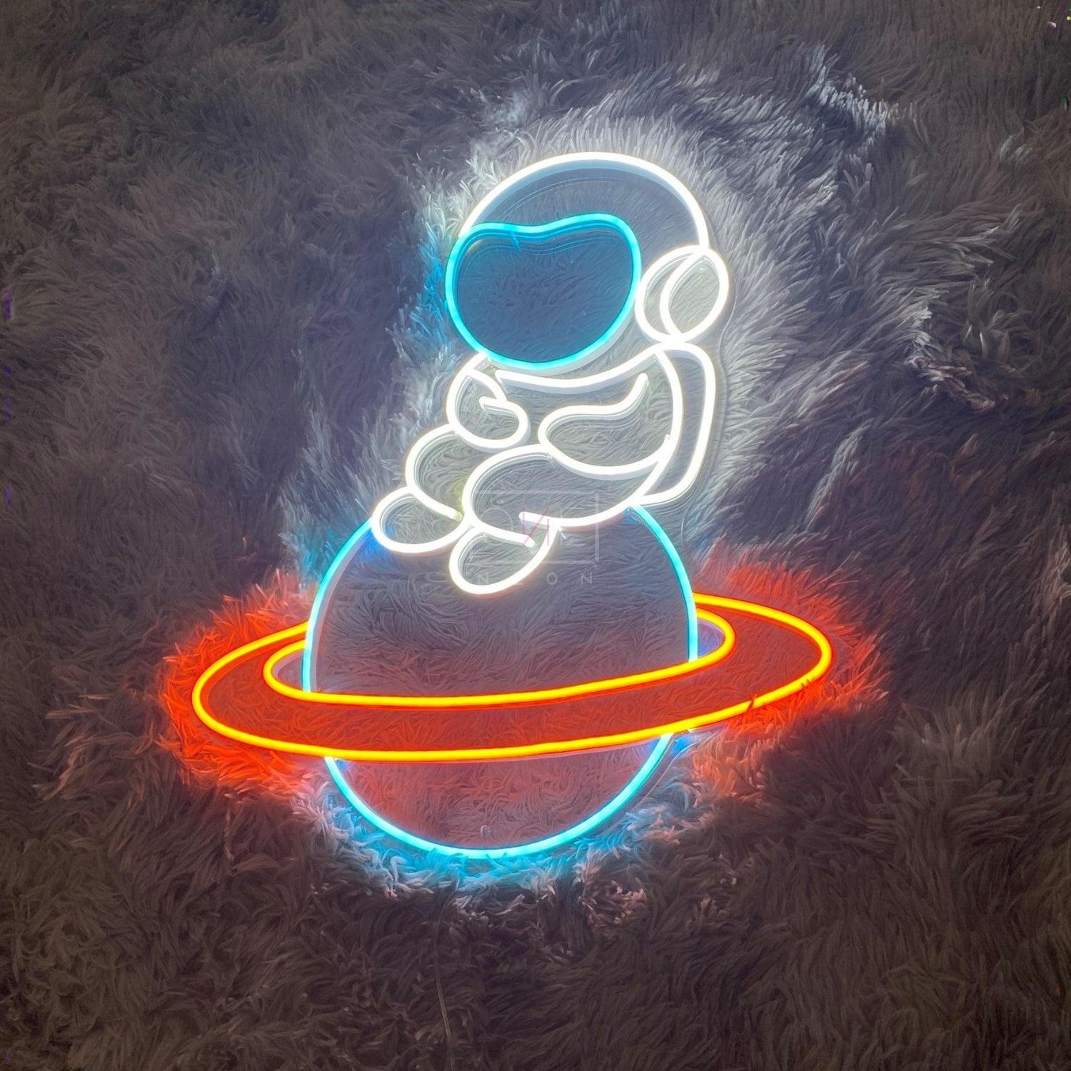 Baby Astronaut On Ringed Planet Led Neon Sign For Space Room | Shineneon