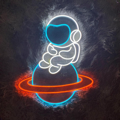 Baby Astronaut On Ringed Planet Led Neon Sign For Space Room | Shineneon