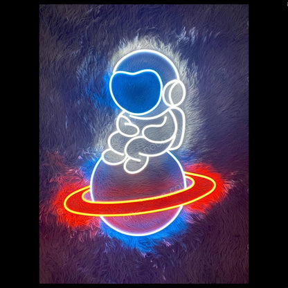 Baby Astronaut On Ringed Planet Led Neon Sign For Space Room | Shineneon