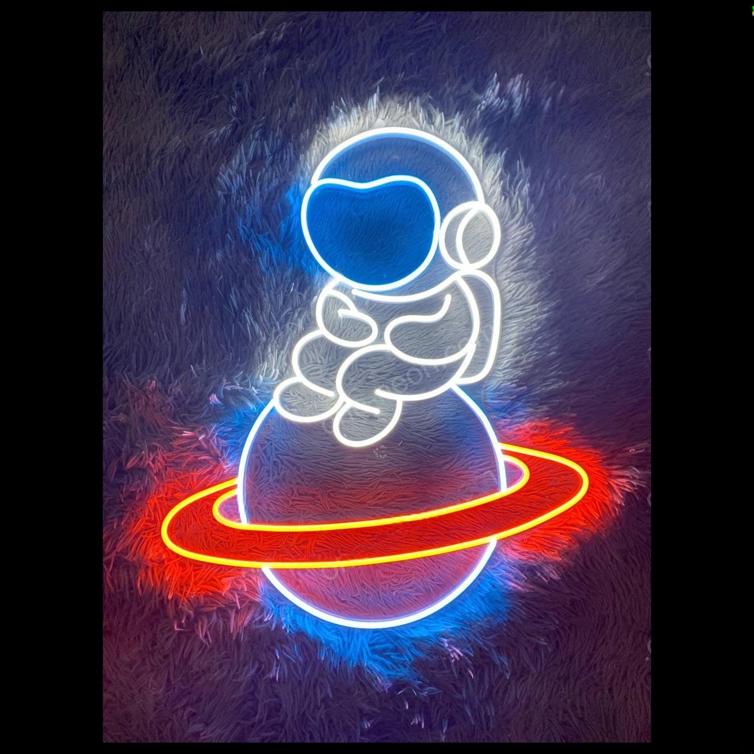 Baby Astronaut On Ringed Planet Led Neon Sign For Space Room | Shineneon
