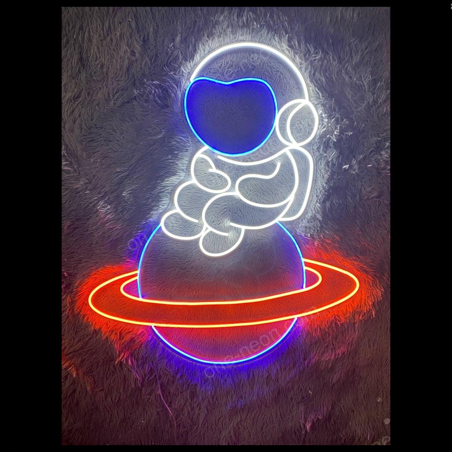 Baby Astronaut On Ringed Planet Led Neon Sign For Space Room | Shineneon