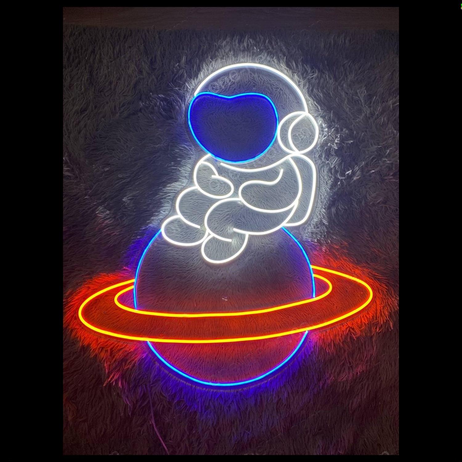 Baby Astronaut On Ringed Planet Led Neon Sign For Space Room | Shineneon