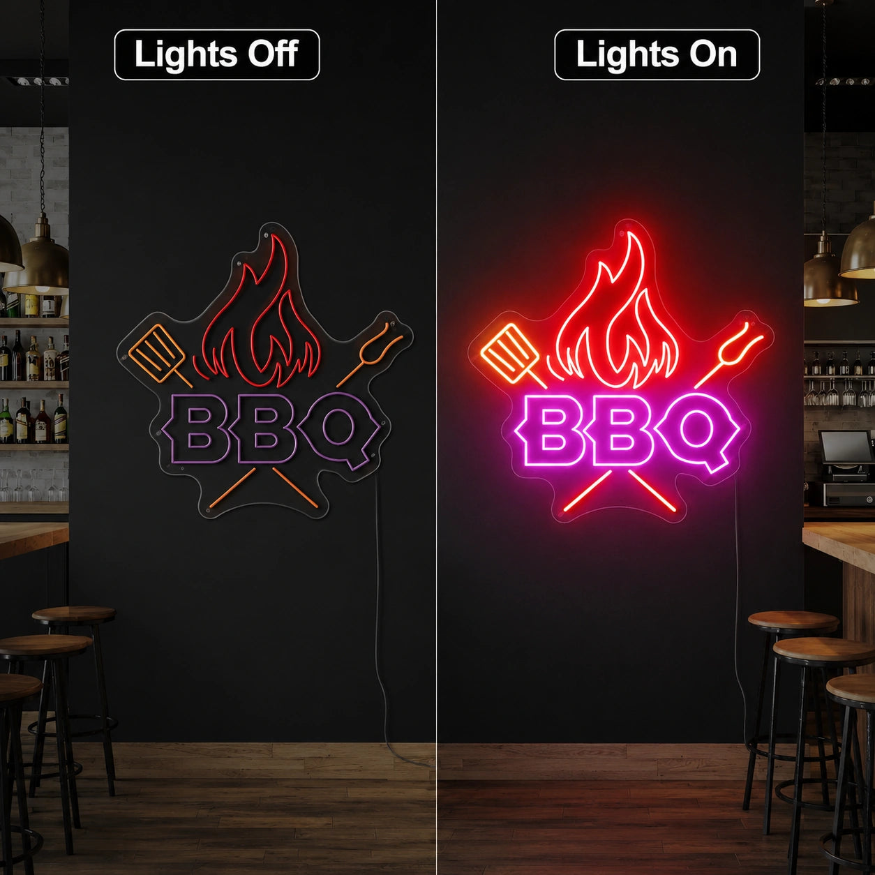 Backyard BBQ Neon Sign LED Neon Sign day and night comparison
