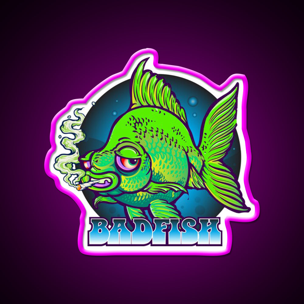Bad Fish Hemp Inspired Green Leaf Led Neon Sign Rgb Color - Neon sign mounted on wall in room