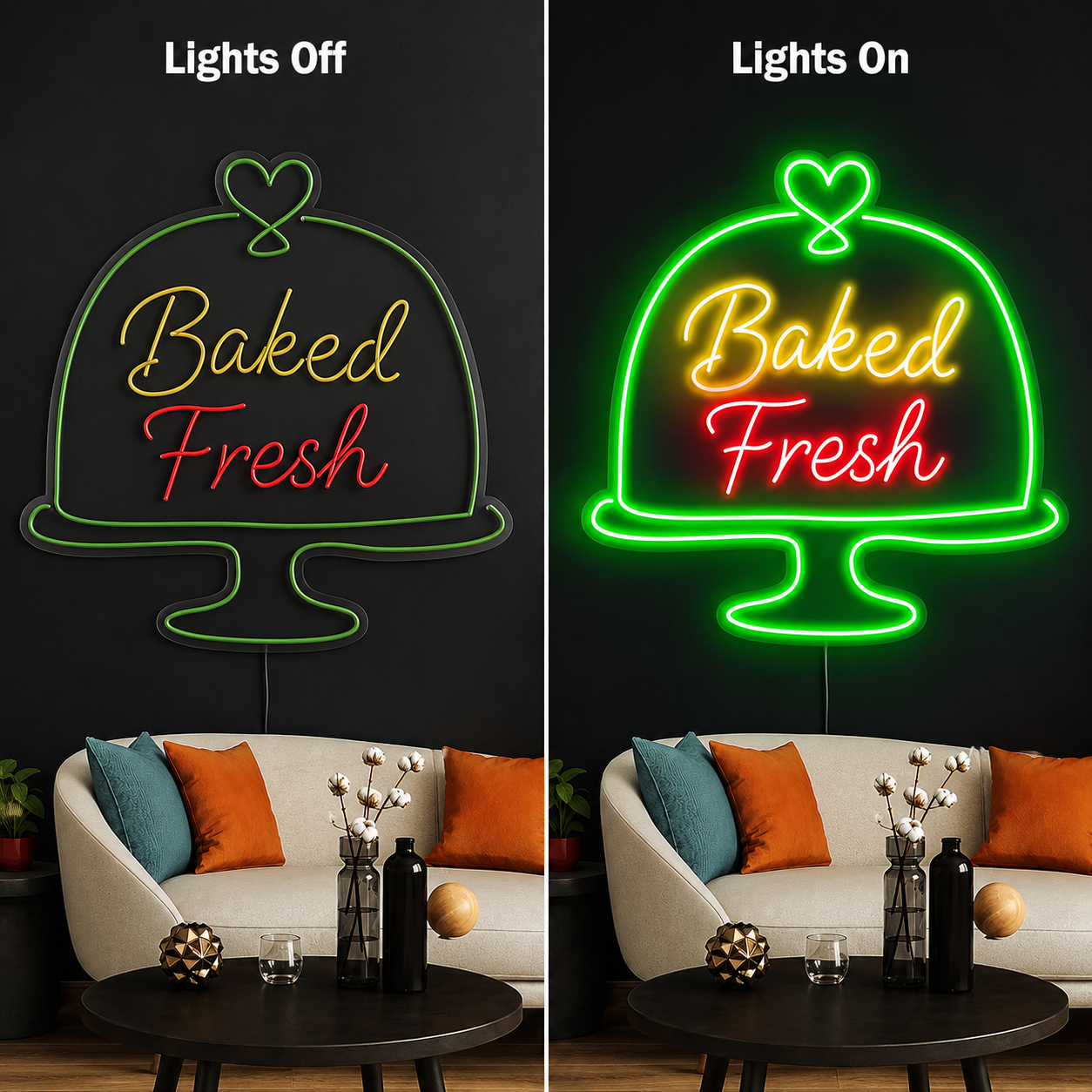Baked Fresh LED Neon Sign - 06 Day Night Comparison