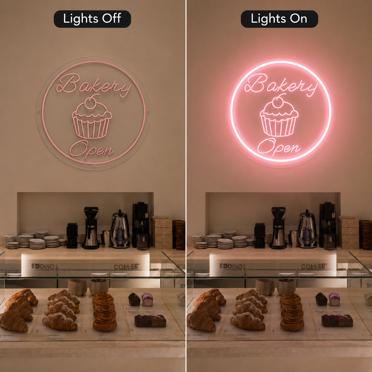 Bakery Open LED Neon Sign - 06 Day Night Comparison