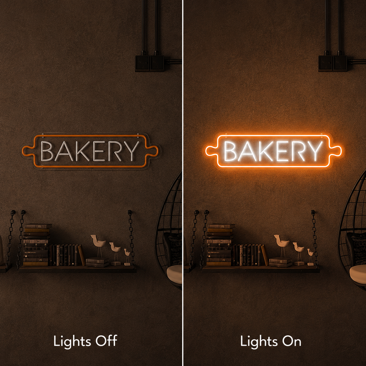 Bakery Room Decor LED Neon Sign - 06 Day Night Comparison