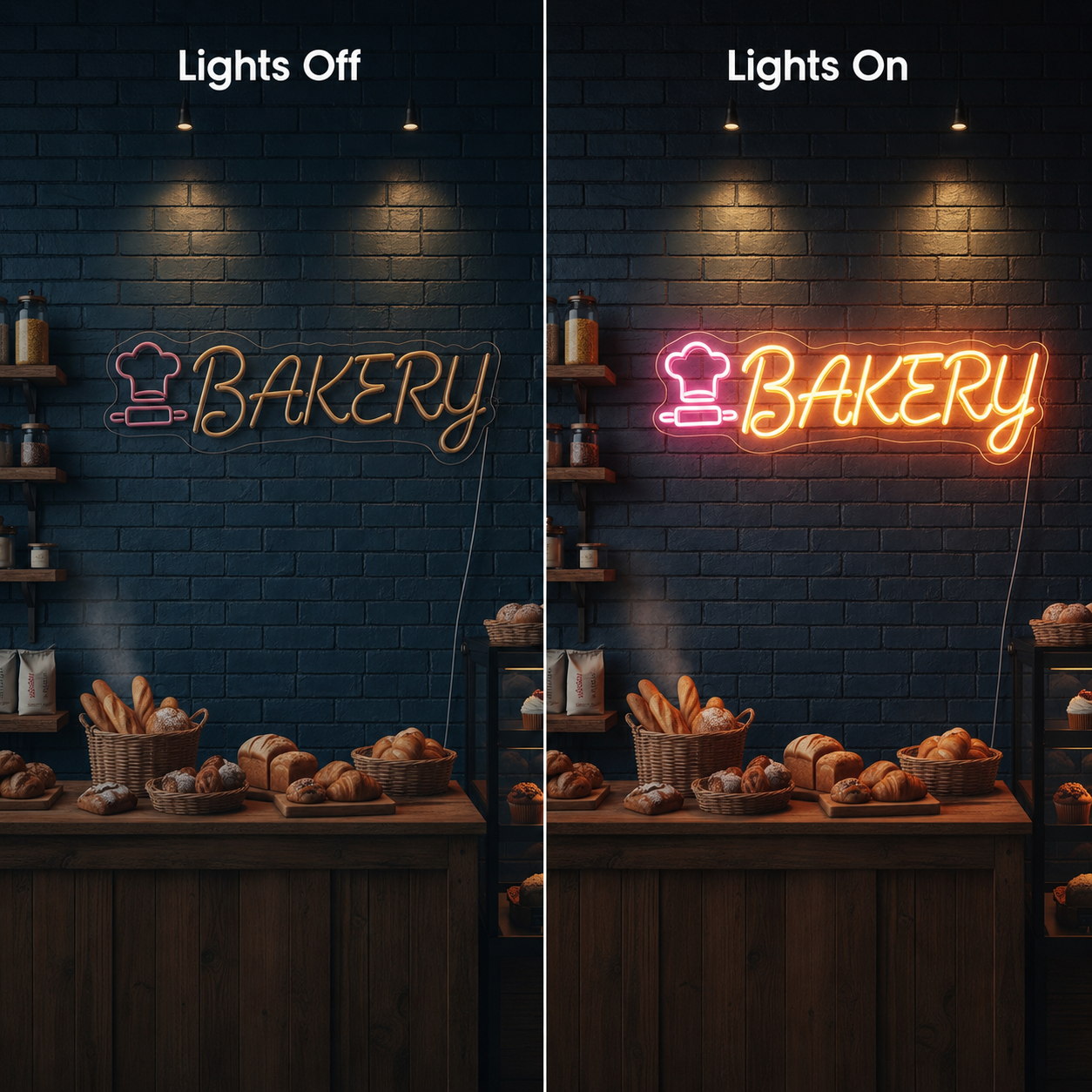 Bakery Wall Art LED Neon Sign - 06 Day Night Comparison