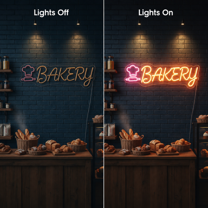 Bakery Wall Art LED Neon Sign - 06 Day Night Comparison